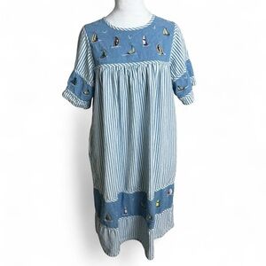 90s medium sailboat moo moo summer dress blue white stripe